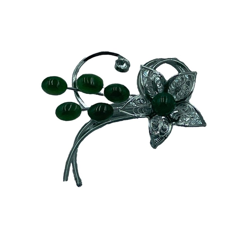 Vintage Krementz Jade Flower Spray 14K Gold Overlay Brooch Pin Large